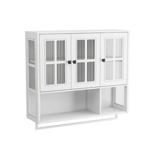 Modfu NÁSTĚNNÁ koupelnová skříňka z MDF 88x26x82 cm bílá s tvrzeným sklem, držákem na ručník a variabilním úložným prostorem obraz