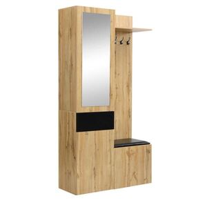 Modfu PŘEDSÍŇOVÁ stěna z MDF 98, 5x38x191 cm černá/přírodní se zrcadlem, botníky, lavicí a skrytým úložným prostorem obraz