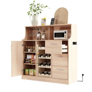 OKWISH BOČNÍ skříň 120/40/121 cm přírodní a bílá z MDF s LED osvětlením, zásuvkou a винotékou obraz