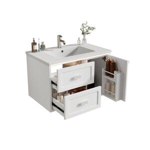 Modfu ZÁVĚSNÁ koupelnová skříňka z MDF a keramiky 76x46x51 cm bílá s LED radarovým senzorem, 2 zásuvkami a umyvadlem obraz