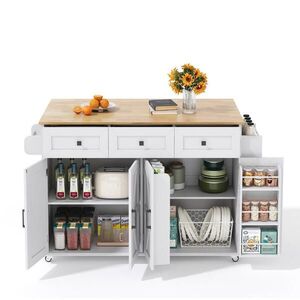 Modfu KUCHYŇSKÝ ostrůvek z MDF 140x43(70)x90, 5 cm bílá/přírodní se sklopnou deskou, 5 kolečky a úložným prostorem obraz