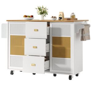 Modfu KUCHYŇSKÝ ostrůvek z MDF a kovu 146, 85x70x90 cm bílý se sklopnou deskou, kolečky a velkým úložným prostorem obraz