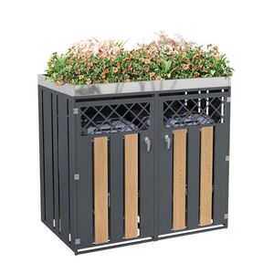 Modfu BOX na odpadkové koše z pozinkované oceli 132x80x124 cm šedá/dekor dřeva uzamykatelný se dvěma dveřmi a horním truhlíkem obraz