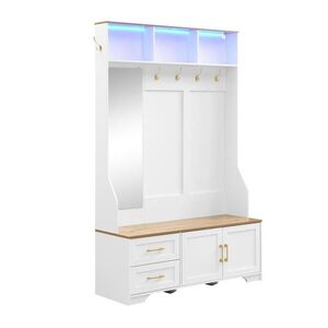 Modfu PŘEDSÍŇOVÁ skříň z MDF 120x40x187 cm bílá a dekor dřeva s LED osvětlením, zrcadlem, háčky a úložným prostorem obraz