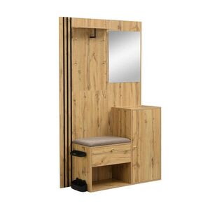 Modfu PŘEDSÍŇOVÁ stěna z MDF 115x37x185 cm přírodní/černá s polstrovaným sedákem, zrcadlem a nastavitelnými policemi obraz