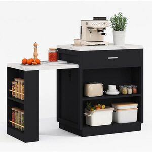 Modfu KUCHYŇSKÝ ostrůvek z MDF 211x55x89, 5 cm černý s výsuvným stolem, zásuvkami, USB porty a úložným prostorem obraz