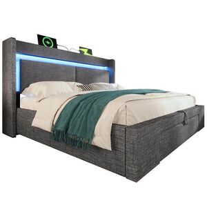 Modfu ČALOUNĚNÁ postel ze lnu 140x200 cm šedá s LED osvětlením, USB a USB-C, hydraulickým úložným prostorem a matrací obraz