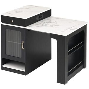 Modfu KUCHYŇSKÝ ostrov z MDF a skla 151x80x92 cm bílá/černá s výsuvnou deskou, úložným prostorem a zásuvkami obraz