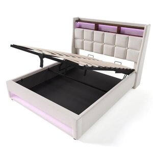 Modfu ČALOUNĚNÁ postel z lněné tkaniny 140x200 cm světle béžová s LED osvětlením, USB a úložným prostorem obraz