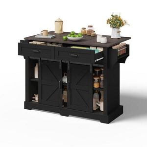 Modfu KUCHYŇSKÝ ostrůvek z MDF 120x45(70)x91 cm černý se sklápěcí deskou, kolečky, posuvnými dveřmi a 2 zásuvkami obraz