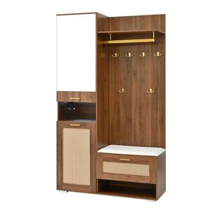 Modfu PŘEDSÍŇOVÁ stěna z MDF a dřevotřísky 110x38x190 cm ořechová/bílá se zrcadlem, LED osvětlením a lavicí obraz