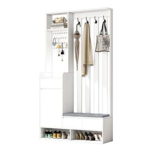 Modfu PŘEDSÍŇOVÁ stěna z MDF 100x35x180 cm bílá s čalouněnou lavicí, perforovaným panelem a 4 háčky obraz