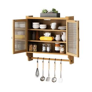 Modfu NÁSTĚNNÁ skříňka z masivního dřeva, MDF a skla 63x18x60 cm přírodní se 3 policemi a držákem na ručník obraz