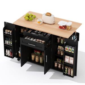 Modfu KUCHYŇSKÝ ostrůvek z MDF 136x70x92 cm černá/přírodní s výsuvnou deskou, skrytou zásuvkou a kolečky obraz