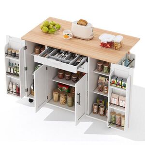 Modfu KUCHYŇSKÝ ostrůvek z MDF 136x70x92 cm bílý/přírodní na kolečkách s výsuvnou deskou, skrytou zásuvkou a úložným prostorem obraz