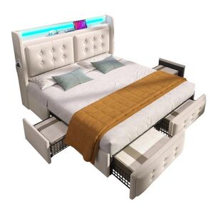 Modfu ČALOUNĚNÁ postel z bavlněno-lněné tkaniny 160x200 cm béžová s LED osvětlením, USB-C a 4 zásuvkami obraz
