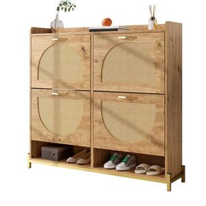 Modfu BOTNÍK z MDF 108, 5x24x100 cm v dekoru dřeva s horní odkládací policí a ratanovým vzhledem obraz