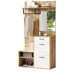 Modfu PŘEDSÍŇOVÁ stěna z dřevotřísky 100x38, 5x190 cm bílá a přírodní se zrcadlem, zásuvkou, botníkem a lavicí obraz
