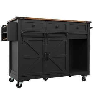 Modfu KUCHYŇSKÝ ostrůvek z MDF 140x45x94 cm černý se skládací deskou, kolečky a posuvnými dveřmi obraz