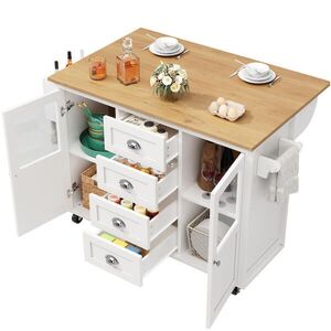 Modfu KUCHYŇSKÝ ostrůvek z MDF a kovu 137, 9x73x92, 5 cm bílý se sklápěcí deskou, kolečky, 4 zásuvkami a policemi obraz