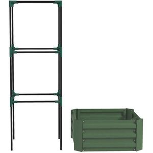 Modfu VYVÝŠENÝ záhon z oceli 61x61x140 cm zelený s nastavitelnou oporou pro rajčata a otevřeným dnem obraz