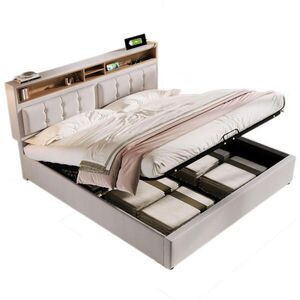 Modfu ČALOUNĚNÁ postel z lněné tkaniny 140x200 cm béžová s matrací, USB, zásuvkami, Type-C a úložným prostorem obraz