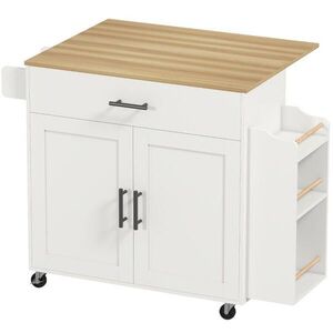 Modfu KUCHYŇSKÝ ostrůvek ze dřeva 120x68x85 cm bílý s rozkládací deskou, zásuvkou, skříňkou a kolečky obraz