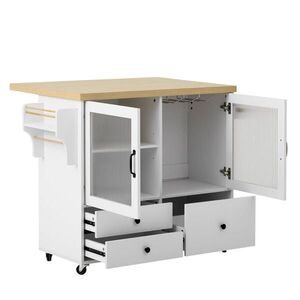 Modfu KUCHYŇSKÝ ostrůvek z MDF 100x42-70x91, 5 cm bílý/přírodní na kolečkách s výklopnou deskou, úložným prostorem a držákem na sklenice obraz