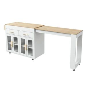 STILVORA KUCHYŇSKÝ OSTROV v bílé a přírodní barvě s kolečky a rozkládací deskou do jídelny, Š132, 5–217/H50/V93 cm obraz