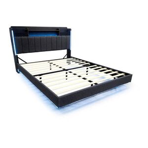 WISHDOR ČALOUNĚNÁ POSTEL 160/200 cm v šedé lněné látce s LED, USB a úložným prostorem obraz