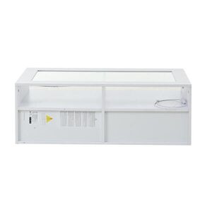 OKWISH KONFERENČNÍ stolek 100/50/35 cm bílý ze skla a dřevotřísky s LED osvětlením a 2 zásuvkami obraz