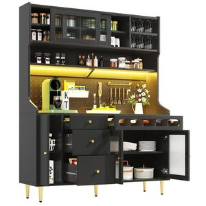 OKWISH VYSOKÁ skříň 145/39/171 cm černá z MDF a skla s LED osvětlením a držákem na víno obraz