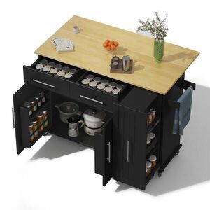 Redom KUCHYŇSKÝ ostrůvek 120/40(65)/90 cm s výklopnou deskou, 3úrovňovým výsuvným organizérem, vnitřními policemi a kolečky, Černá + přírodní obraz