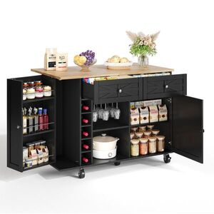 Modfu KUCHYŇSKÝ ostrůvek z MDF 120x45(70)x89 cm černý se sklopnou deskou, zásuvkami, držákem na sklenice a kolečky obraz