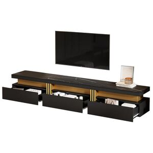 Modfu TV stolek z dřevotřísky 200x40x42 cm černý se 3 zásuvkami, vedením kabelů a deskou v dekoru mramoru obraz