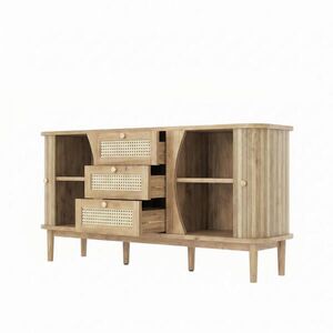 Modfu KOMODA z dřevotřísky 140, 5x40x76 cm přírodní se 3 ratanovými zásuvkami, posuvnými dvířky a nastavitelnou policí obraz