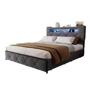 SHOPENTRA ČALOUNĚNÁ postel 160x200 cm šedá látka LED USB 4 zásuvky obraz
