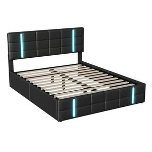 SHOPENTRA ČALOUNĚNÁ postel 140x200 cm Černá PU LED USB úložný prostor obraz