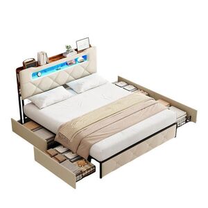 SHOPENTRA ČALOUNĚNÁ postel 140x190 cm béžová látka LED USB 4 zásuvky obraz