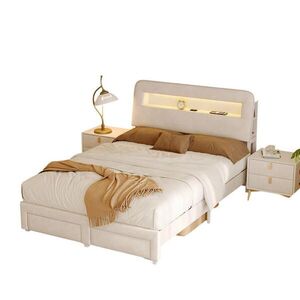 SHOPENTRA ČALOUNĚNÁ postel 140x200 cm béžová sametová LED USB 2 zásuvky obraz