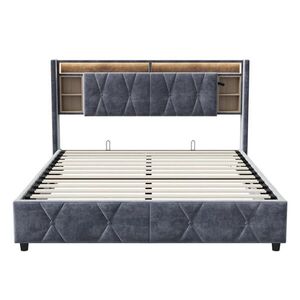 SHOPENTRA ČALOUNĚNÁ postel 140x200 cm šedý samet LED USB úložný prostor obraz