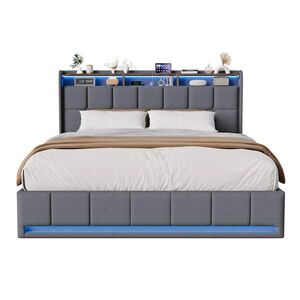 SHOPENTRA ČALOUNĚNÁ postel 140x200cm šedá látka, hydraulický úložný prostor, LED, USB obraz