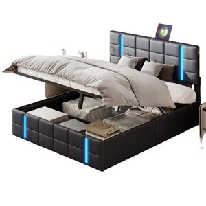 SHOPENTRA ČALOUNĚNÁ postel 160x200 cm Černá PU kůže LED USB box obraz