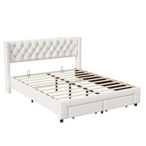 SHOPENTRA ČALOUNĚNÁ postel 140x190 cm béžová sametová LED USB postel s boxem obraz