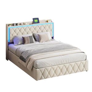 SHOPENTRA ČALOUNĚNÁ postel 140/190 cm béžová sametová úložný prostor RGB LED USB obraz