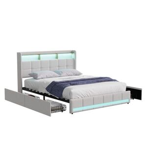 SHOPENTRA LNĚNÁ postel 140x200cm béžová LED 4 zásuvky USB typ-C obraz