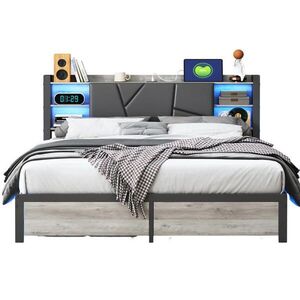 SHOPENTRA ČALOUNĚNÁ postel 140x200 cm, dřevěná, LED, USB, zásuvky, bed box obraz