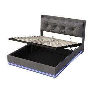 SHOPENTRA ČALOUNĚNÁ postel 160x200 cm sametově šedá s boxem, LED a USB-C obraz