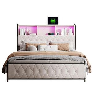 SHOPENTRA ČALOUNĚNÁ postel 140/200 cm béžová se zásuvkami, LED a USB obraz