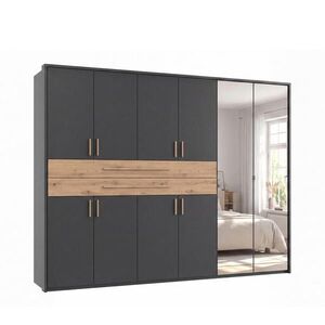 luma-home SKŘÍŇ S OTOČNÝMI DVEŘMI B273/H210/T58 cm v barvě grafit, šatní skříň s paspartou, 2 zrcadly, 2 zásuvkami a úchytkami v dekoru dub Artisan / obraz